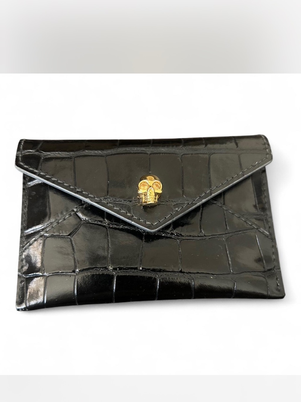 Alexander McQueen Black Croc-Embossed Envelope Card Holder with Gold Skull